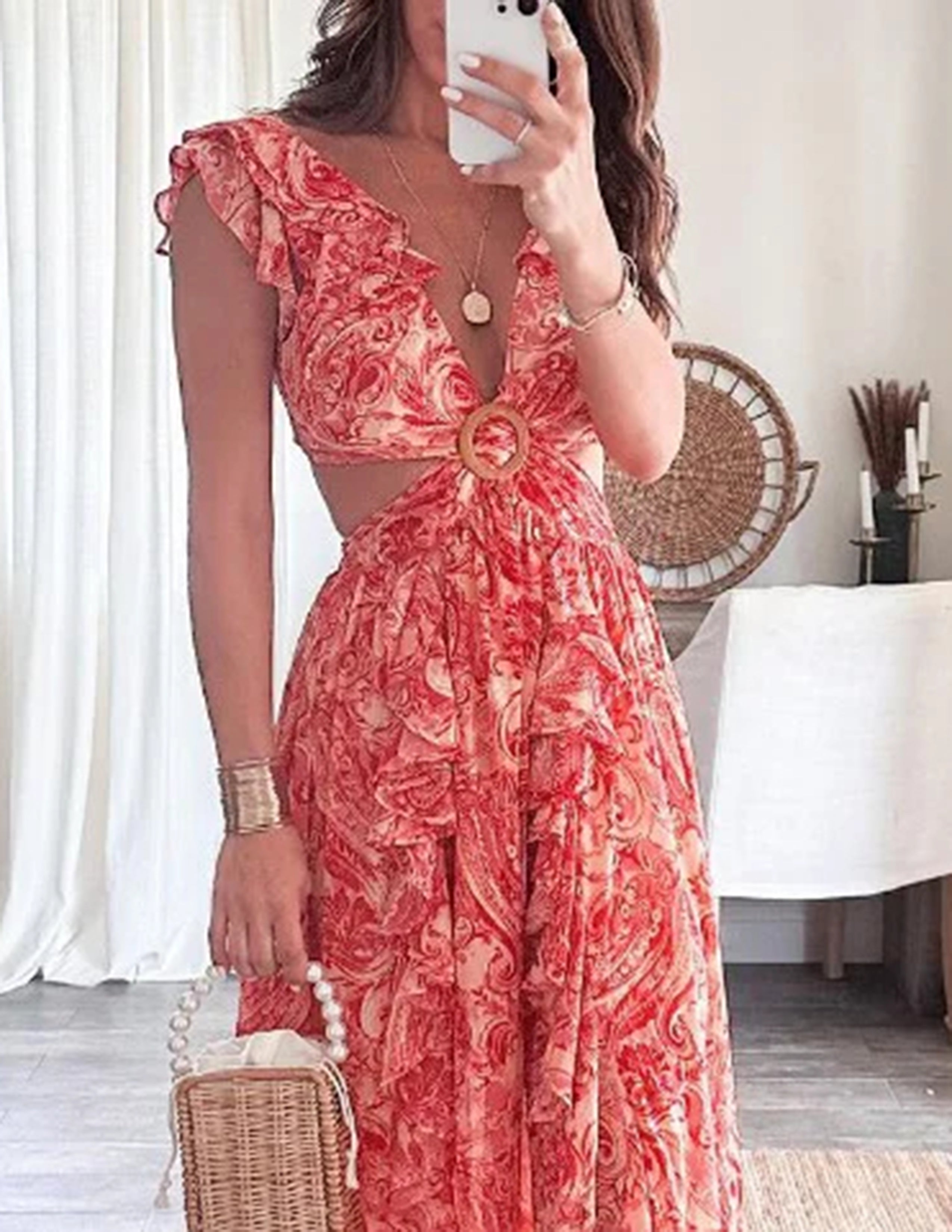 Butterfly Sleeve Ruffle Slit Dress
