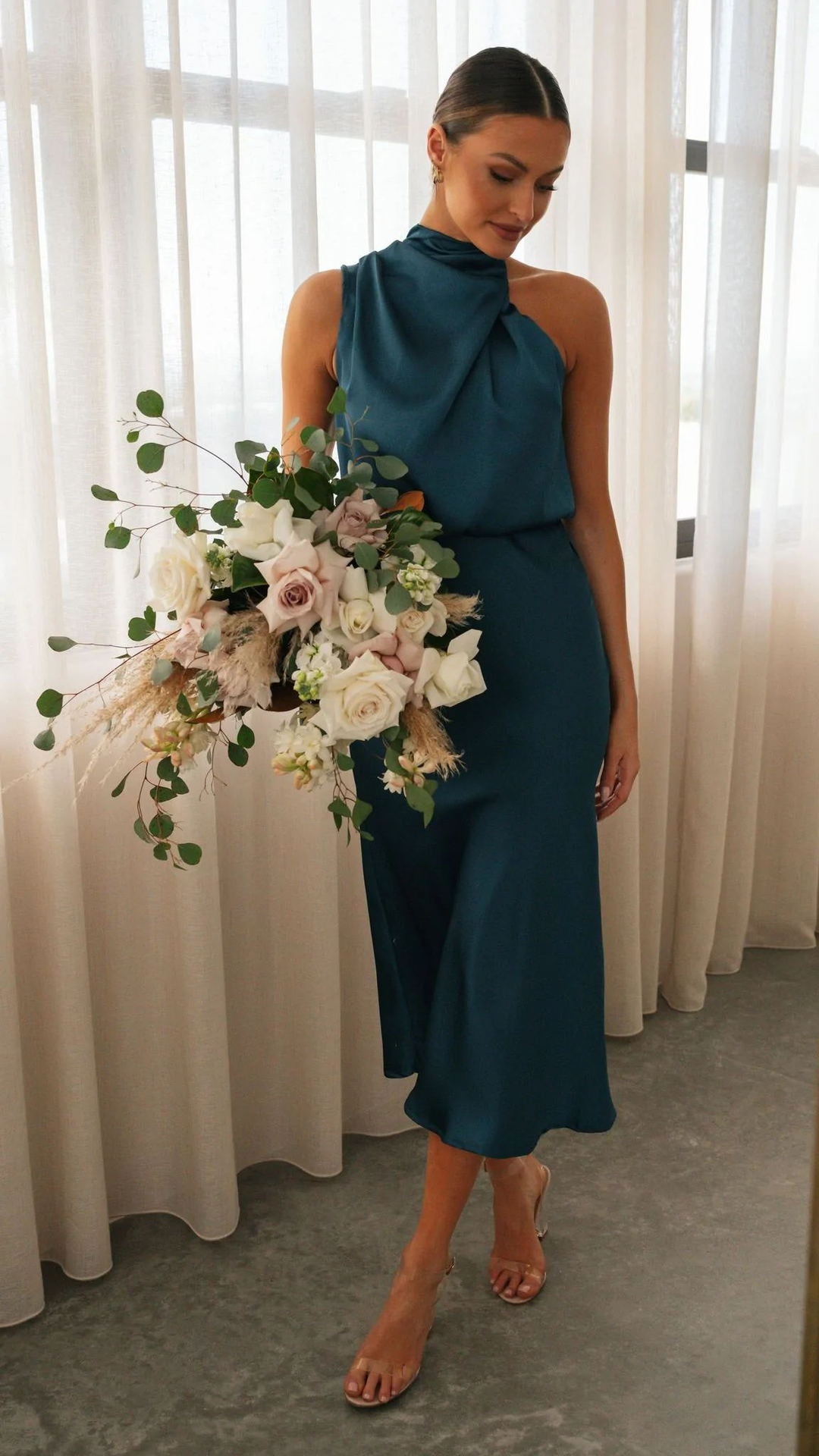 High Neck Draped Midi Dress