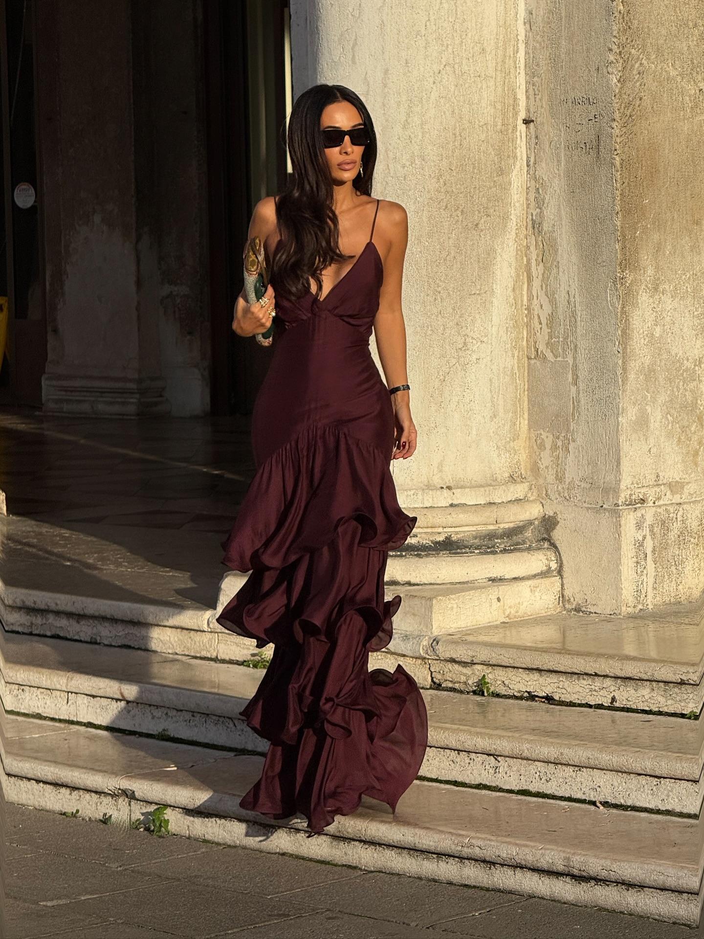 Tiered Ruffle Burgundy Maxi Dress