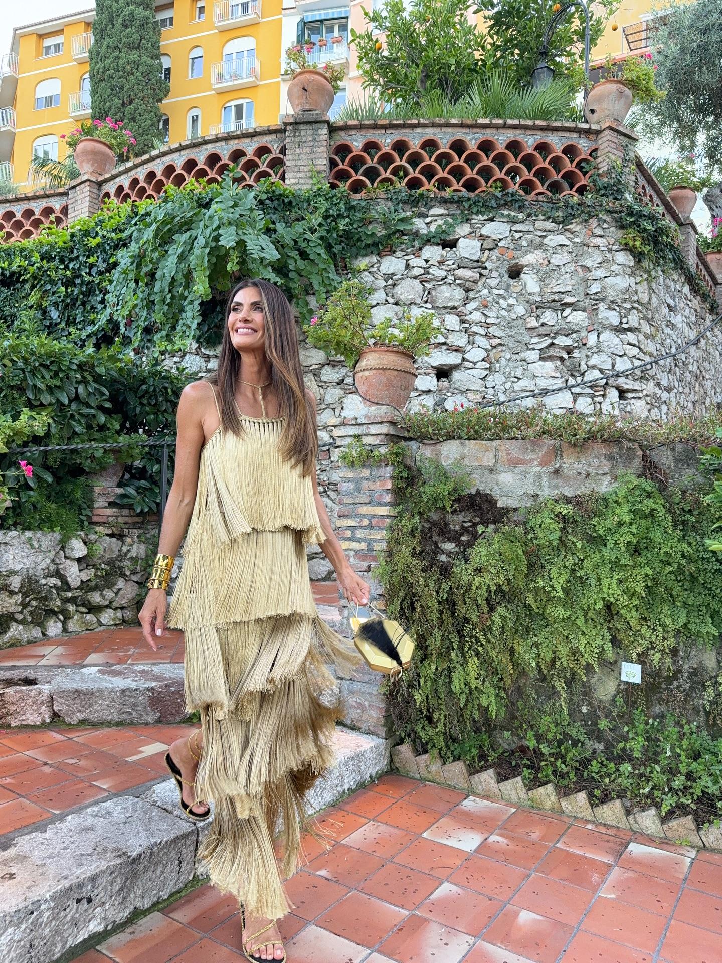 Gold Fringe Tiered Maxi Dress