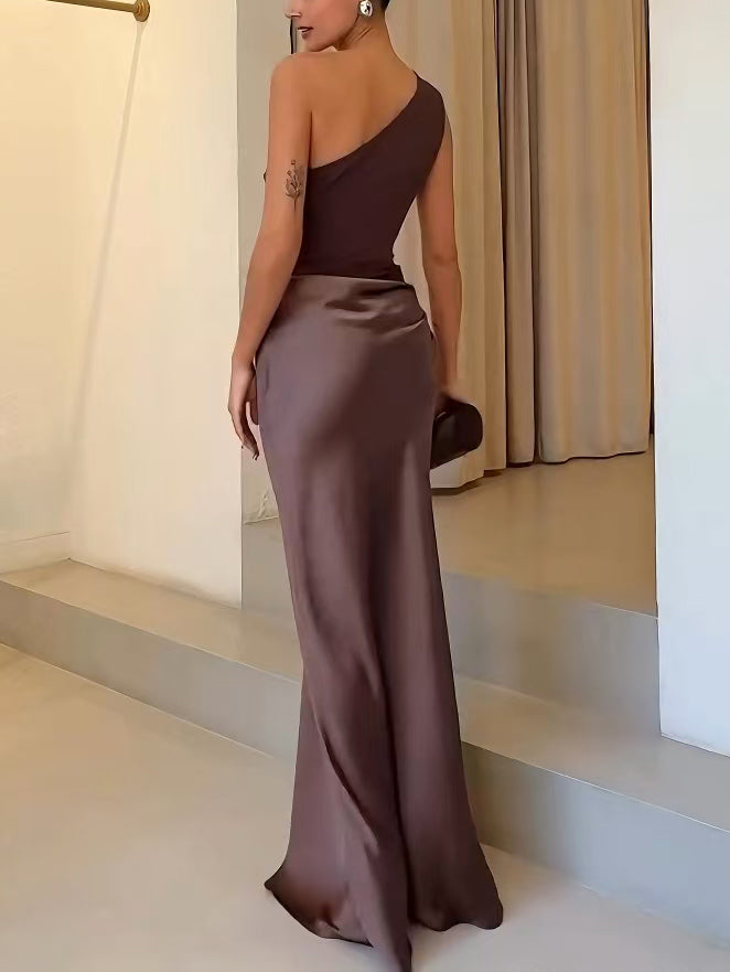 Pleated One-Shoulder Maxi Dress