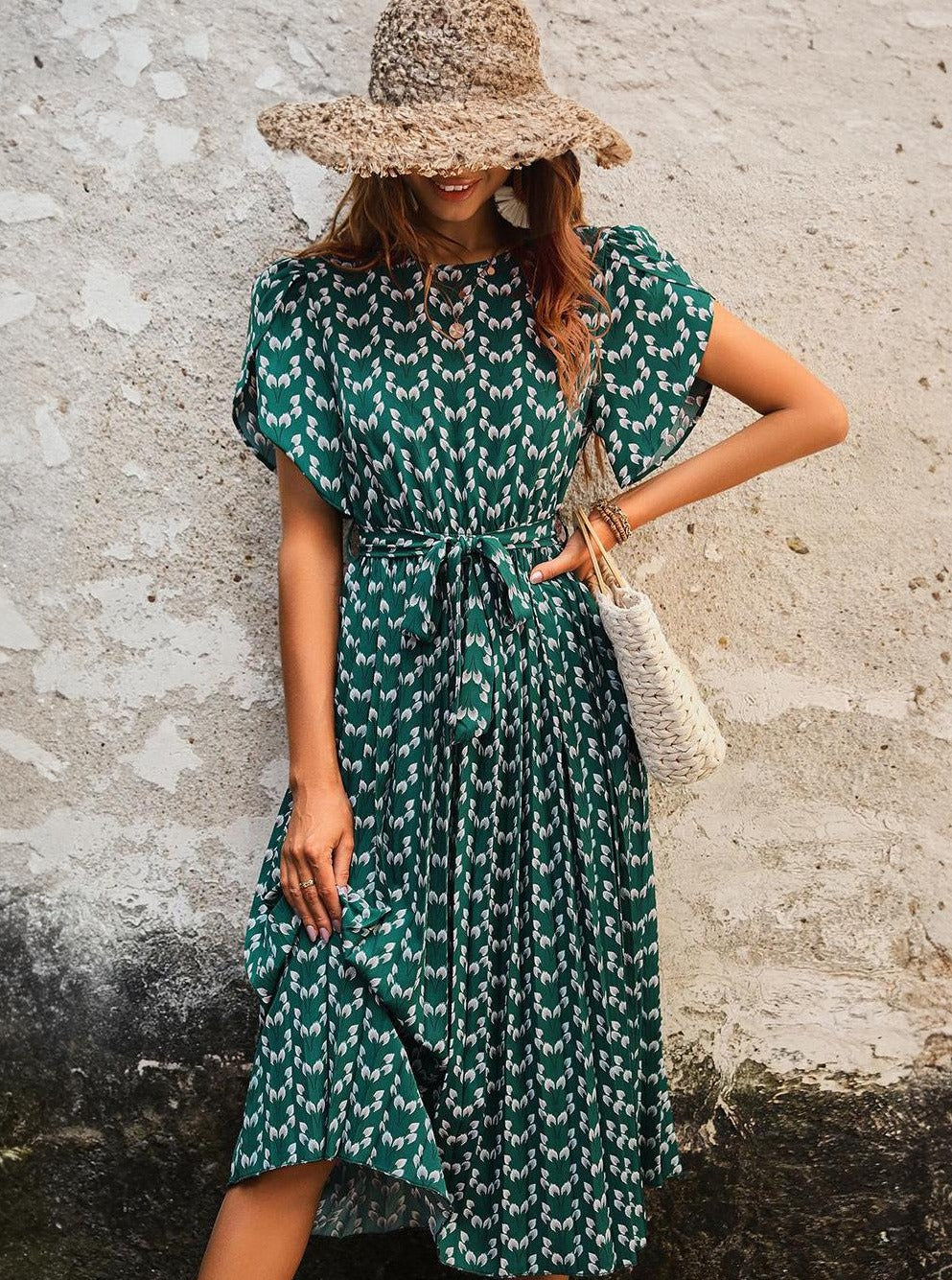 Floral Sash Jewel Neck Midi Dress