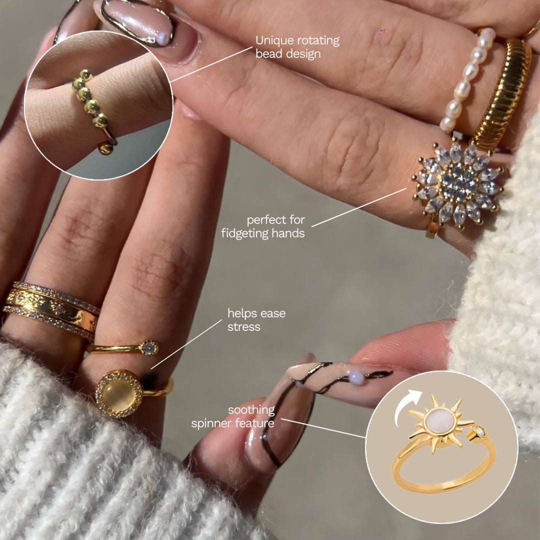 Close-up of hands wearing various rings with text highlighting features