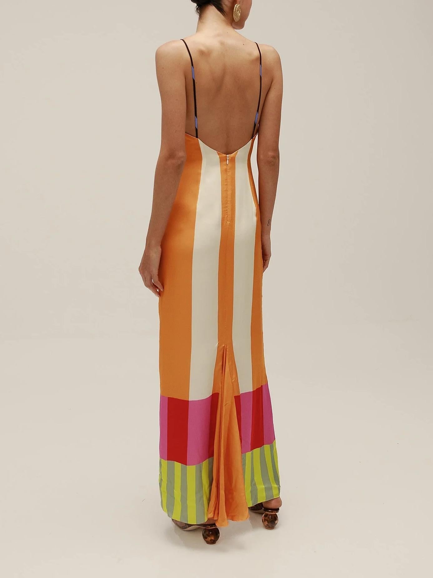 Colorful striped dress with open back on a plain background