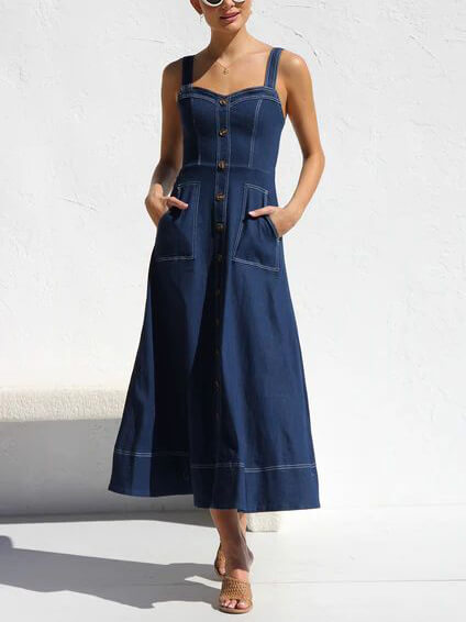 Denim Suspender Midi Dress