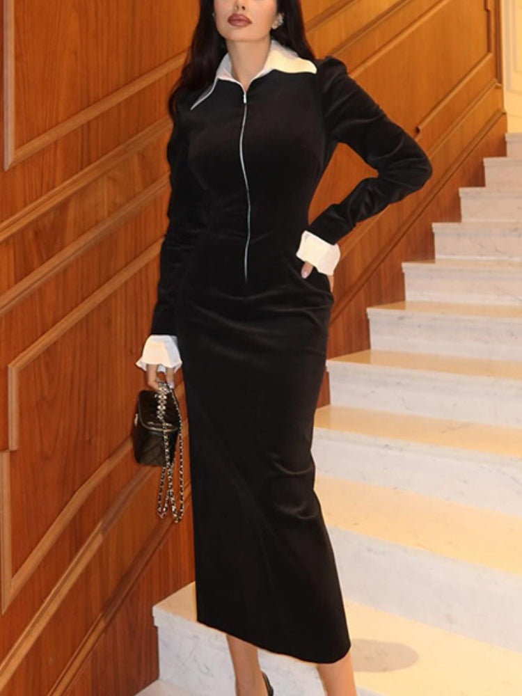 Contrast Collar Zip Midi Dress