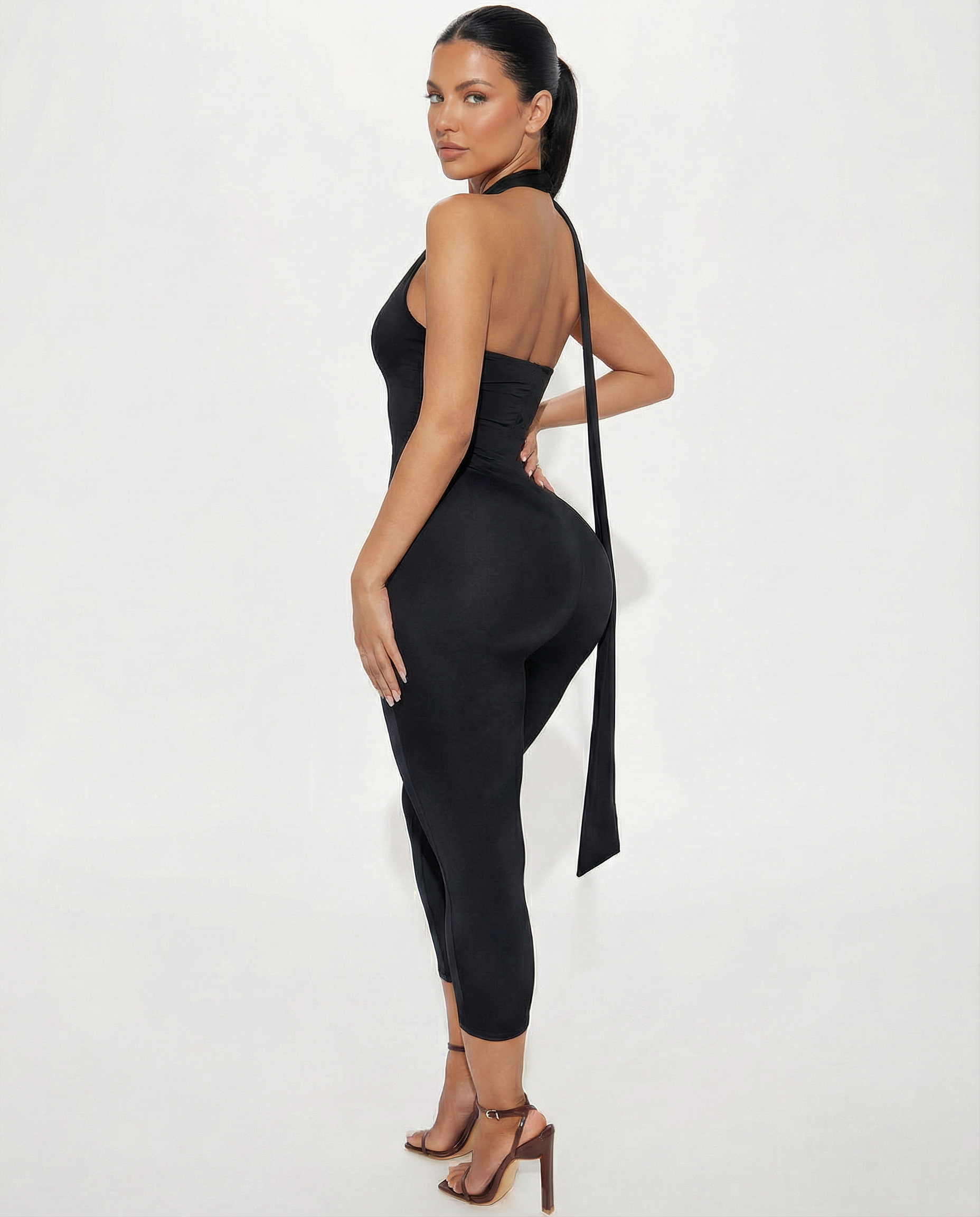The Kristie — Plunge Halterneck Scarf Capri Jumpsuit