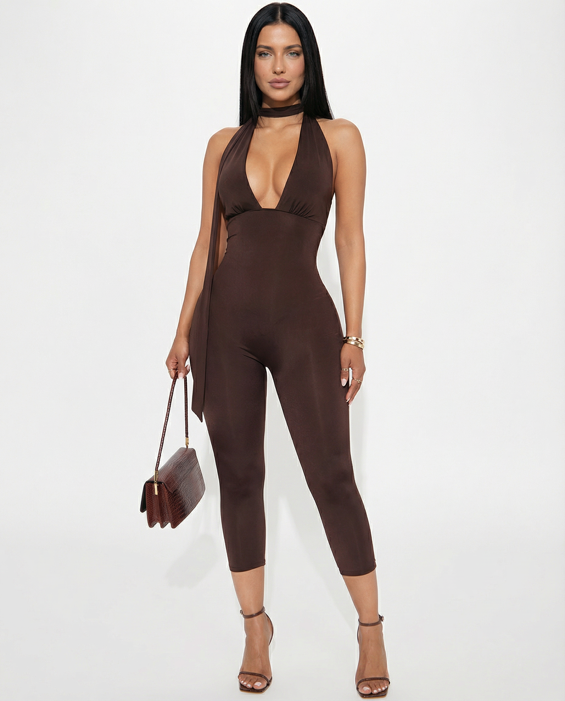 The Kristie — Plunge Halterneck Scarf Capri Jumpsuit
