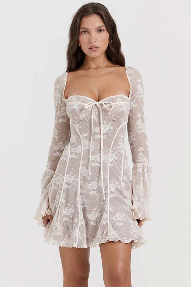 floral bell sleeve corset mini dress MissJophiel Long Sleeves Sweetheart Corset Black Floral Print Chiffon Tiered Mini Dress Other / Floor Length / US6