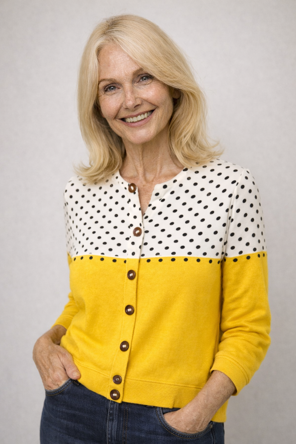 The Sunny — Polka Dot Colorblock Button Cardigan