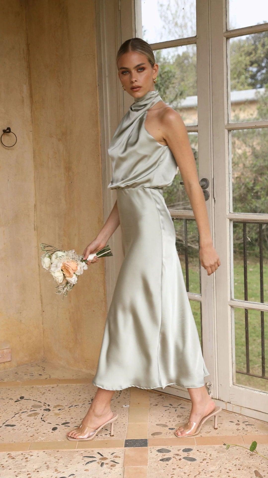 High Neck Draped Midi Dress