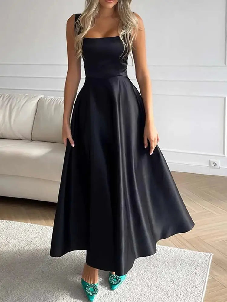 Square-Neck Satin Midi Dress