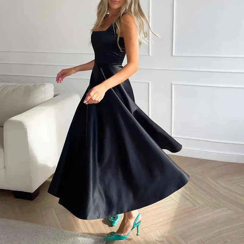 Square-Neck Satin Midi Dress