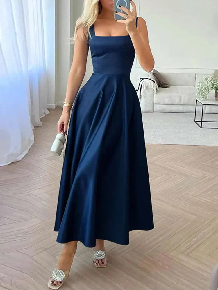 Square-Neck Satin Midi Dress
