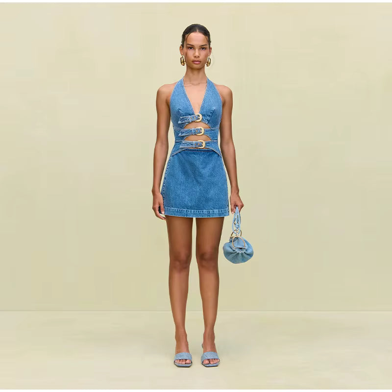 Denim Halter Buckle Mini Dress