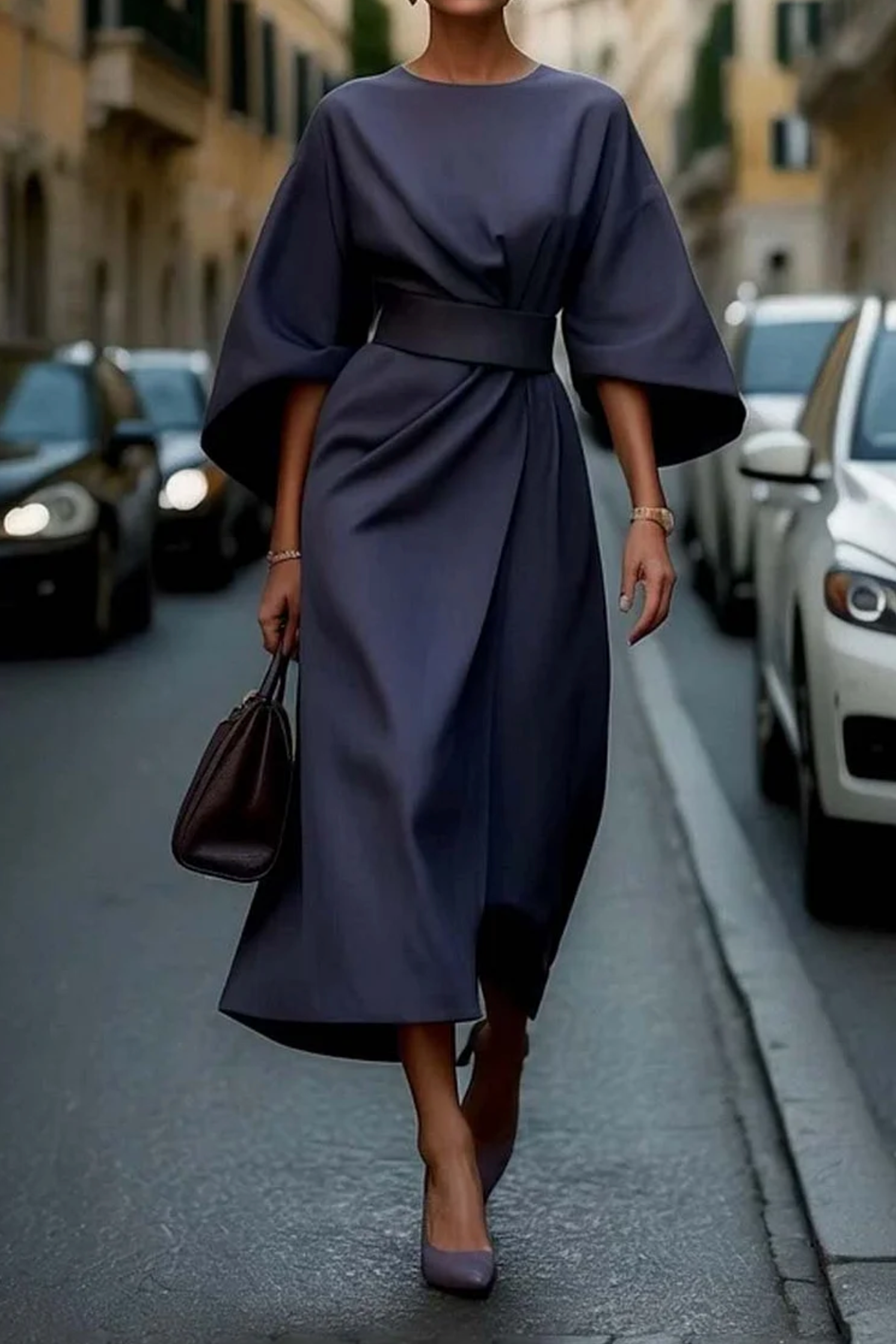 The Grace — Belted Lantern Sleeve Midi Dress