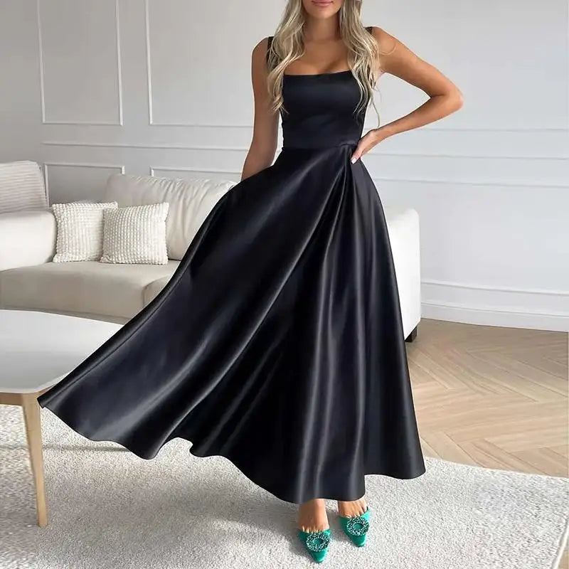 Square-Neck Satin Midi Dress