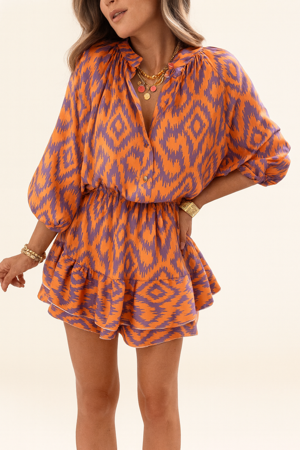 The Talia — Abstract Print Ruffle Balloon Sleeve Jumpsuit