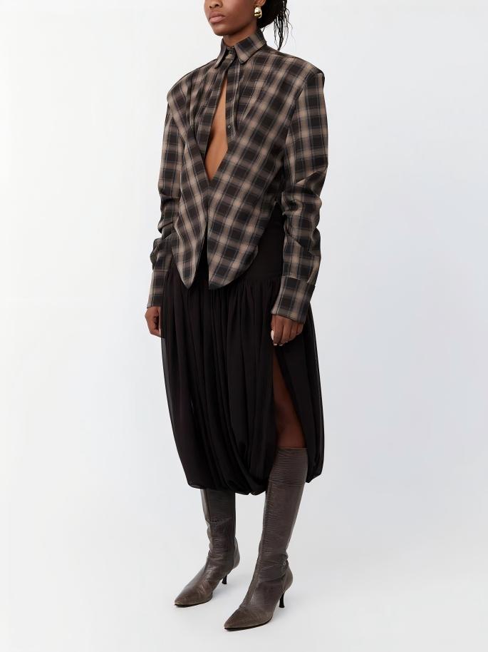 The Nadia — Oversized Plaid Tie-Front Blouse