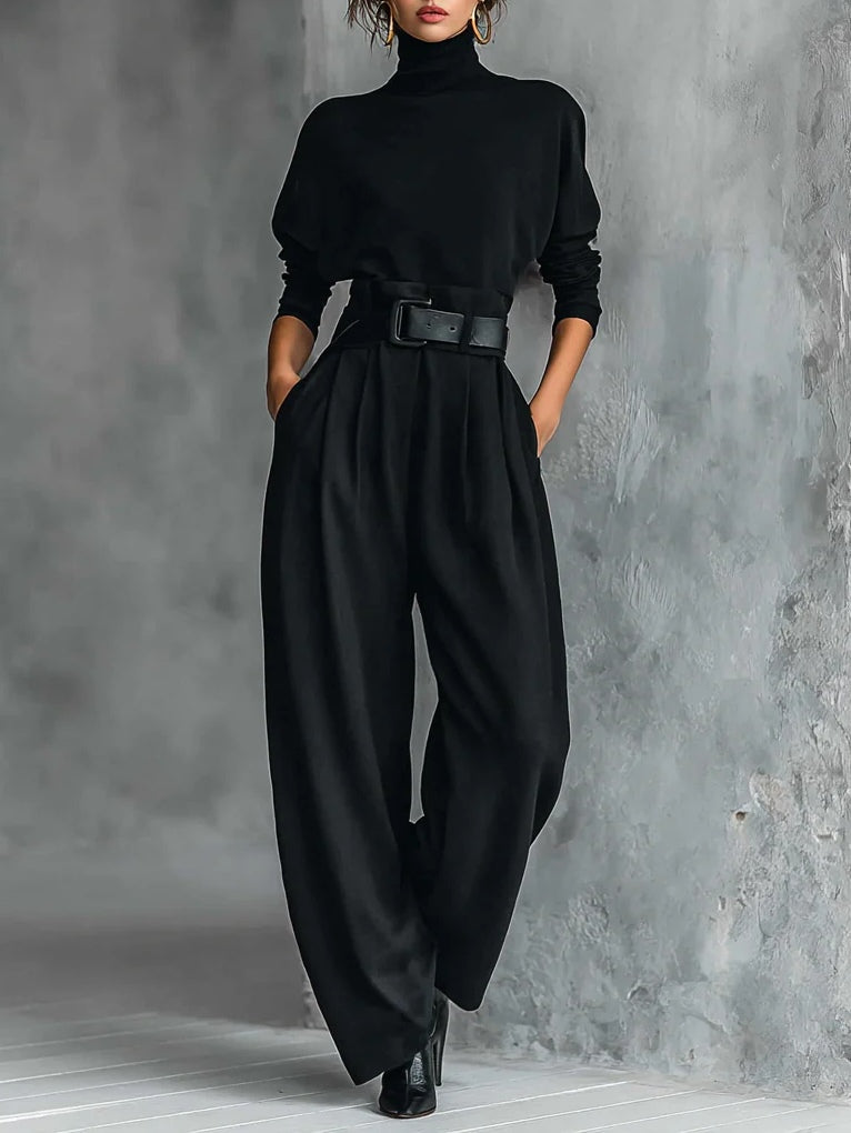 All-Black Turtleneck Long-Sleeve Top & Straight-Leg Pants Two-Piece Set (Belt Included)