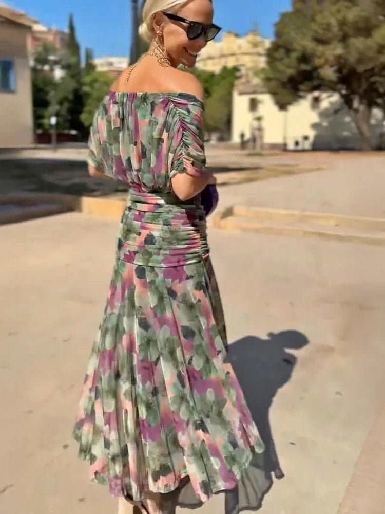 Painted Floral Pleated Maxi Dress
