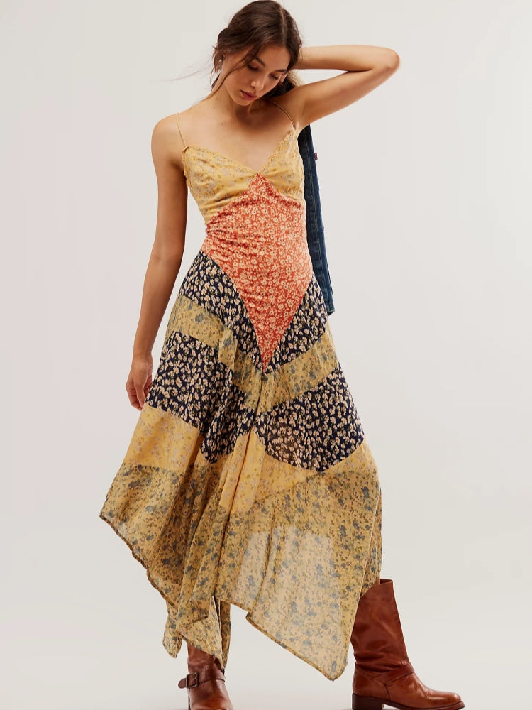 Boho Patchwork Open Back Maxi Dress