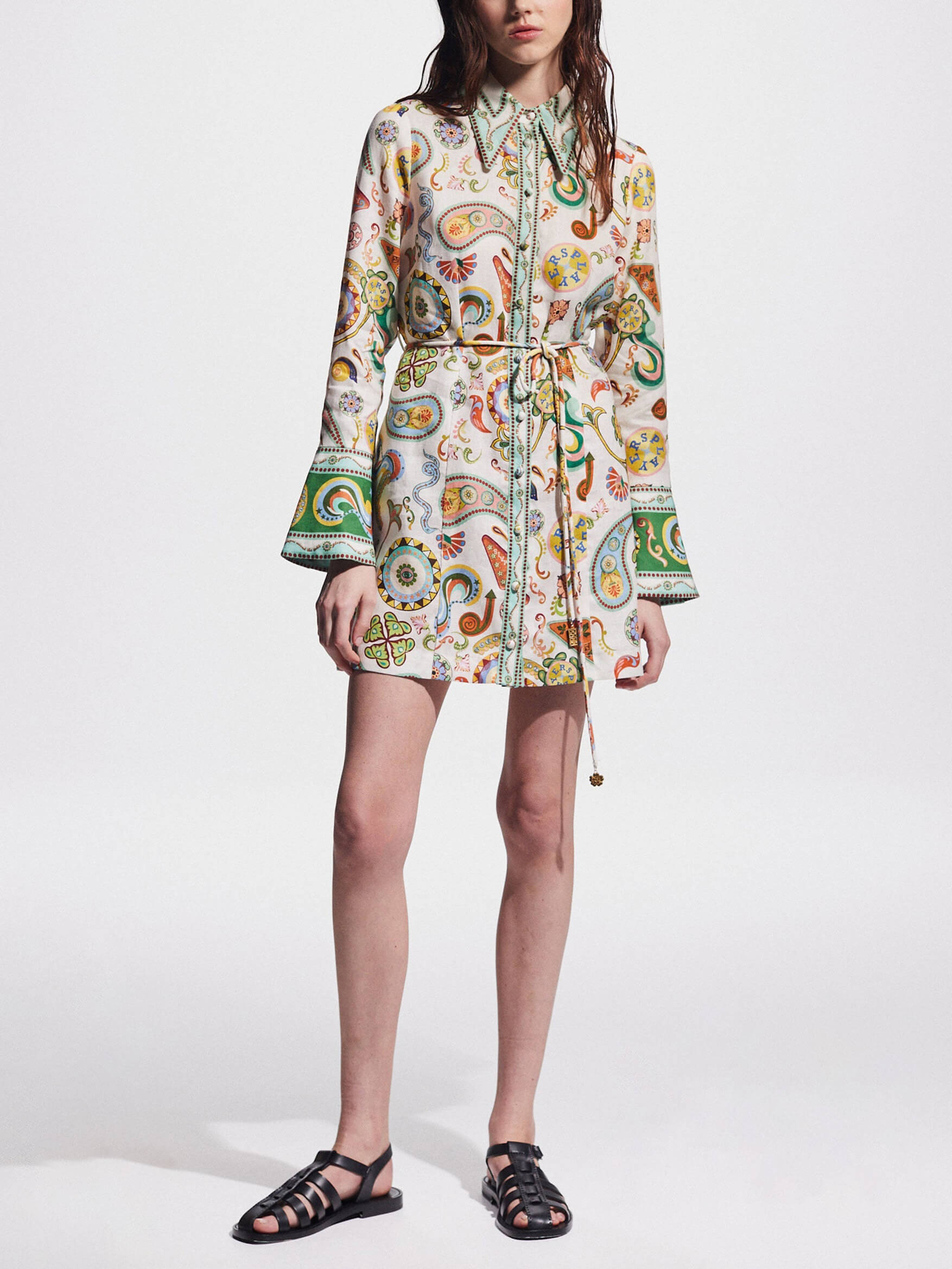 Trumpet-Sleeve Graphic Print Mini Dress