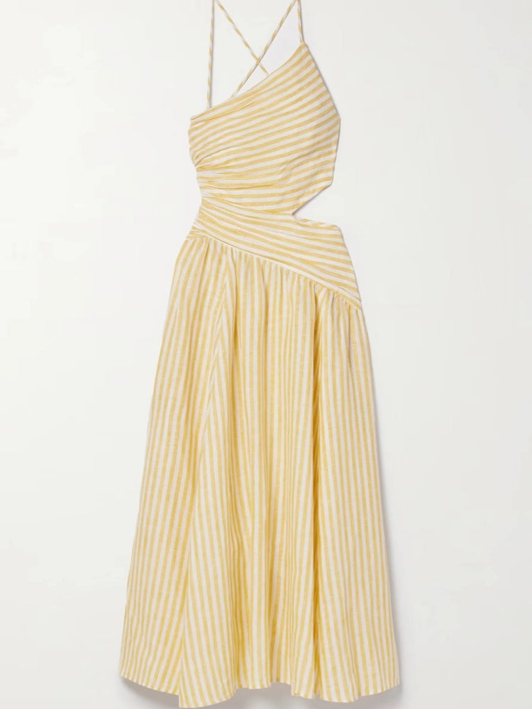 Striped Cutout Ruched Midi Dress