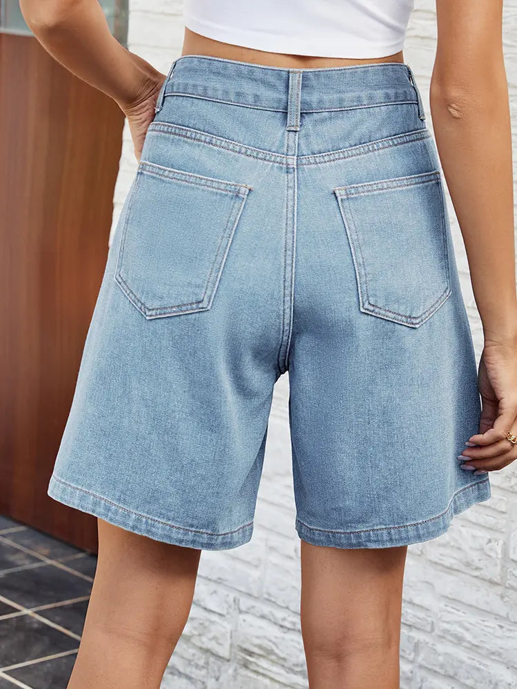 Adjustable Waist Denim Bermuda Shorts — women's shorts, view 2 by Emyri
