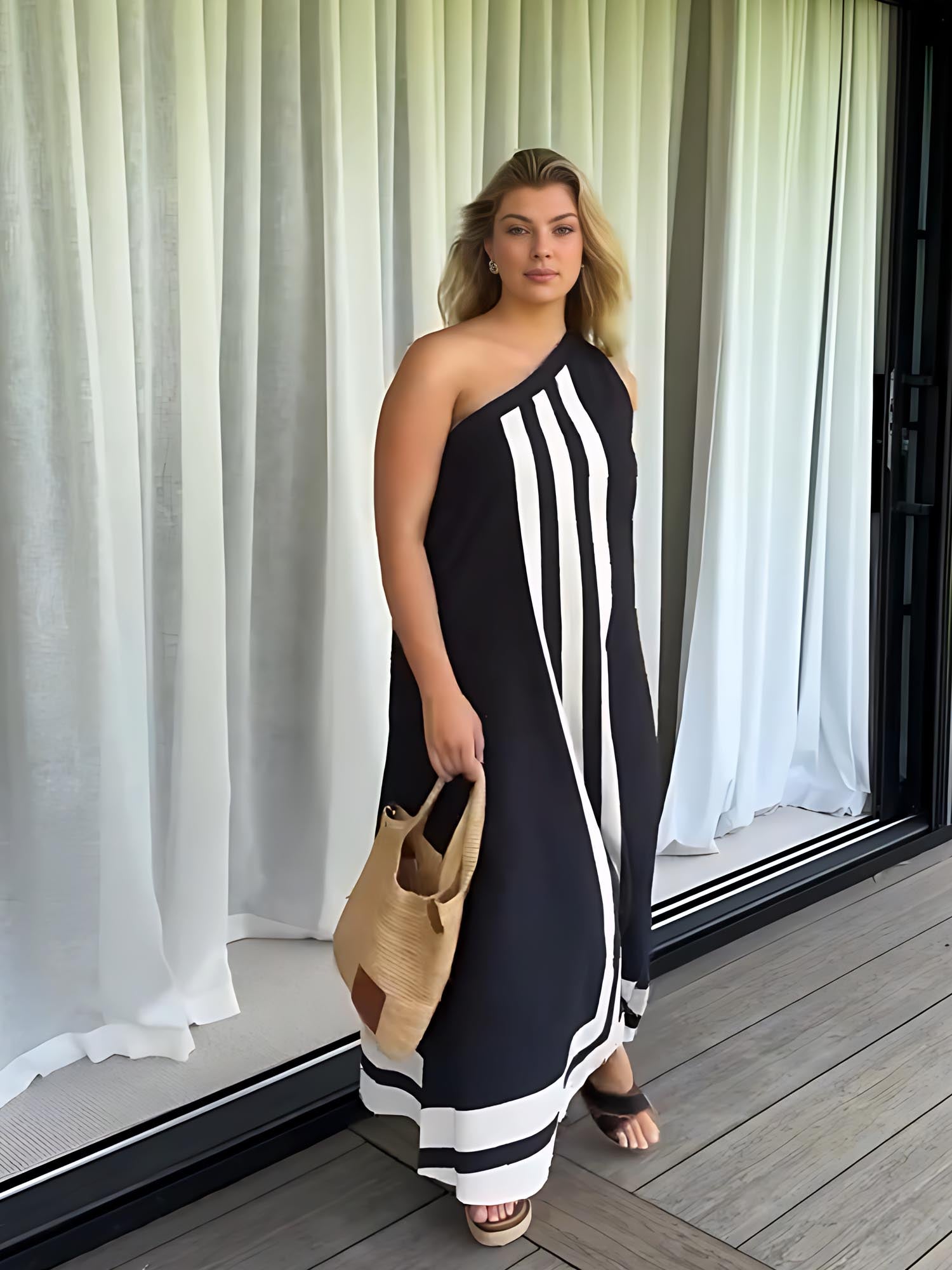Asymmetric Neckline Midi Dress — women's midi dress, view 2 by Emyri