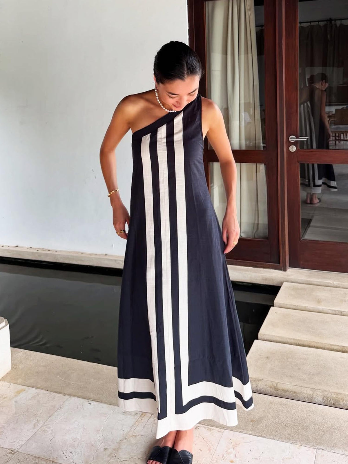 Asymmetric Neckline Midi Dress — women's midi dress, view 3 by Emyri