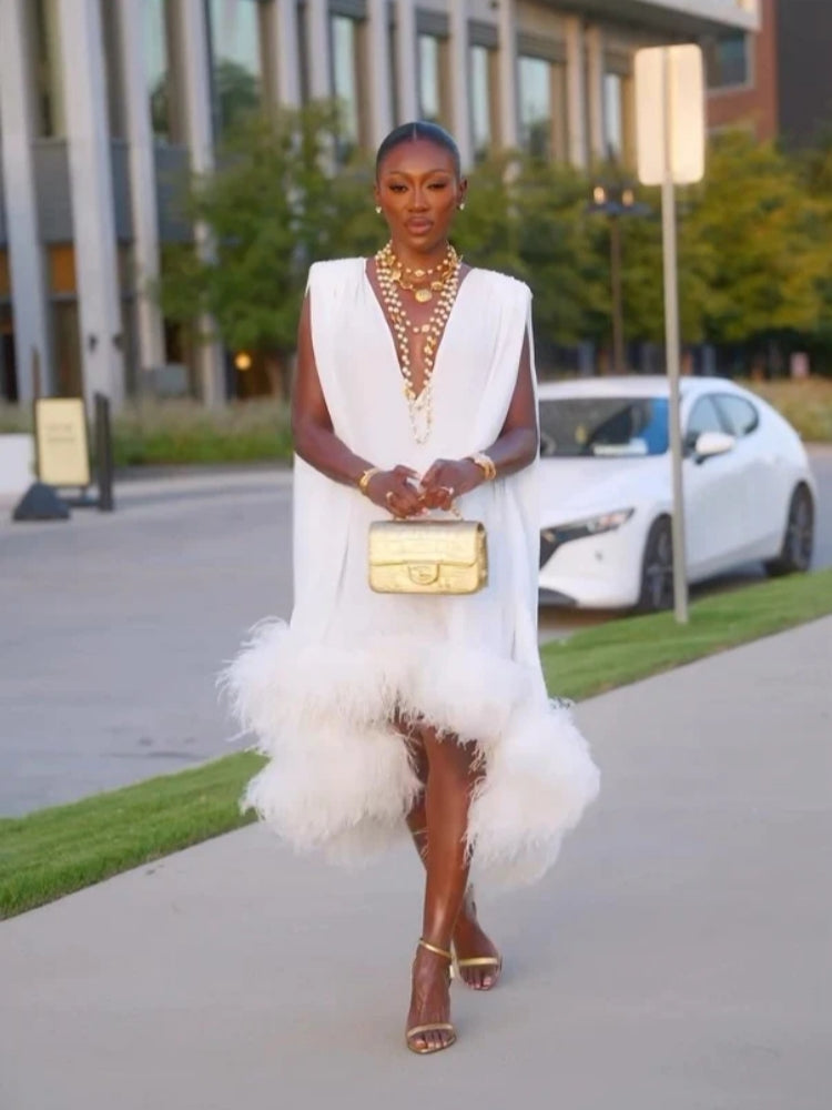 Feather Trim Asymmetric Midi Dress