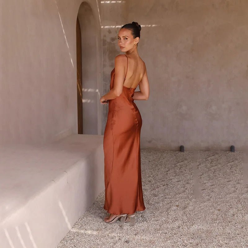 Backless High Slit Satin Maxi Dress — women's maxi dress, view 10 by Emyri