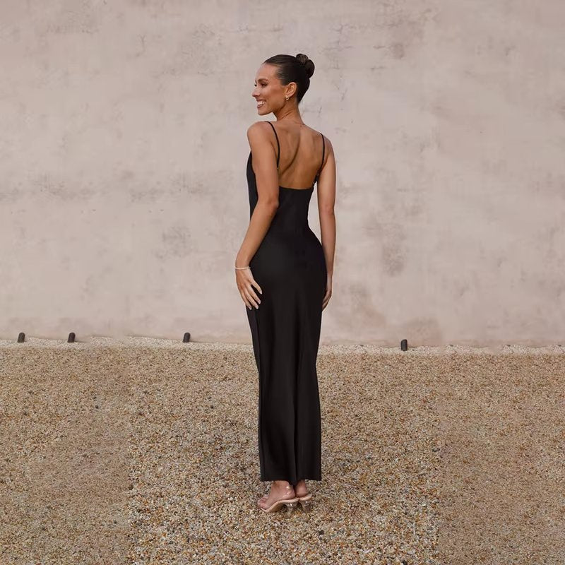 Backless High Slit Satin Maxi Dress — women's maxi dress, view 6 by Emyri
