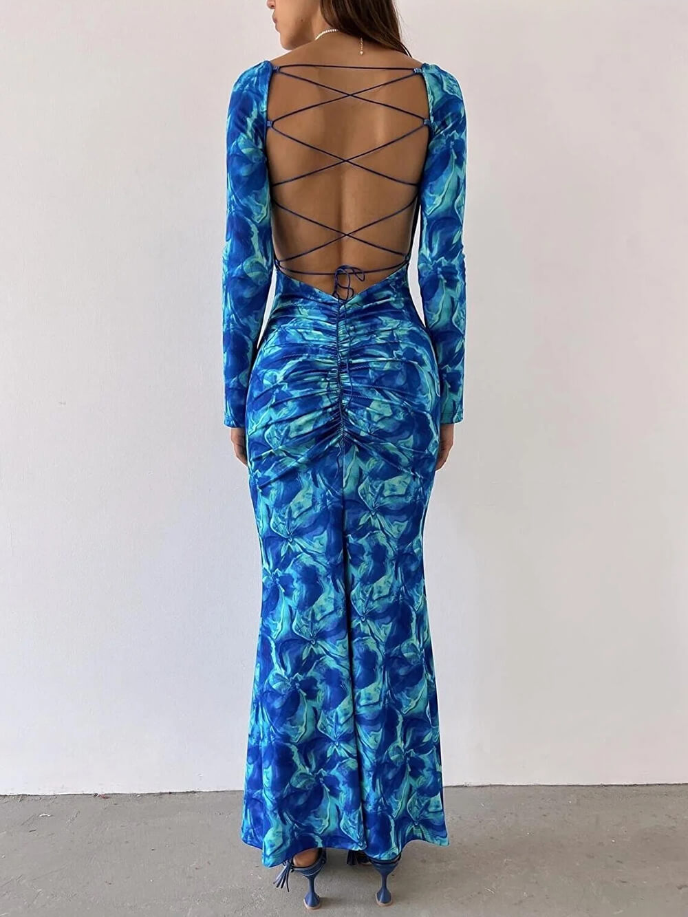 Backless Strappy Smocked Maxi Dress — women's maxi dress, view 2 by Emyri