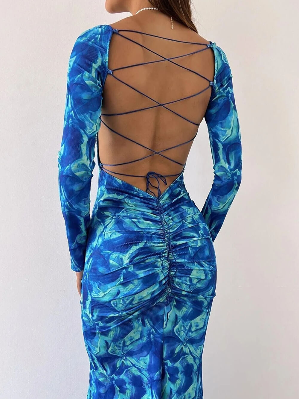 Backless Strappy Smocked Maxi Dress — women's maxi dress, view 3 by Emyri