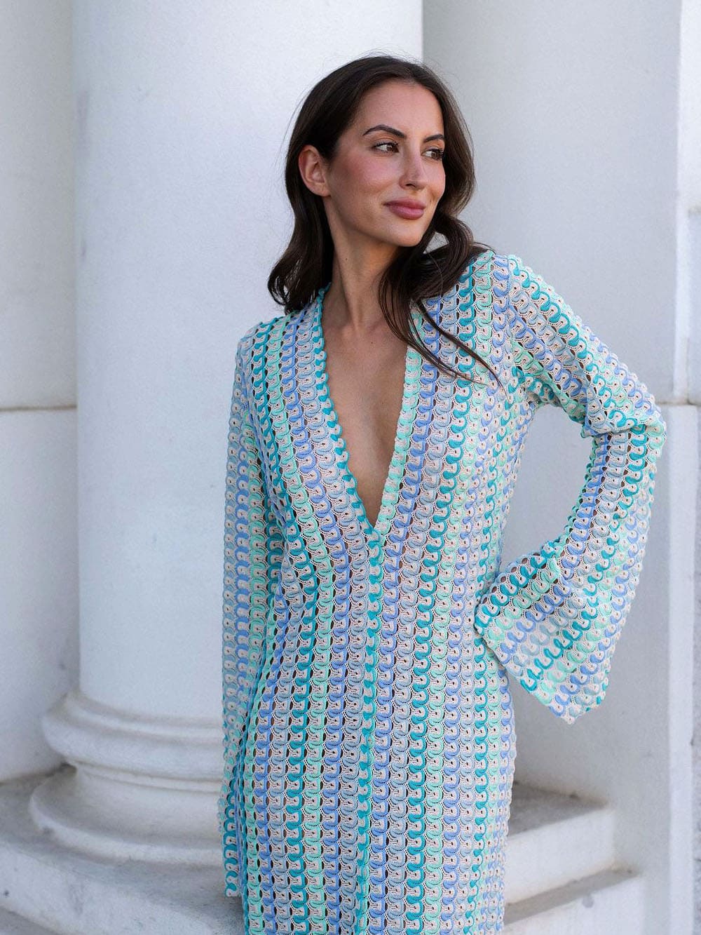 Blue Crochet Maxi Dress — women's maxi dress, view 2 by Emyri