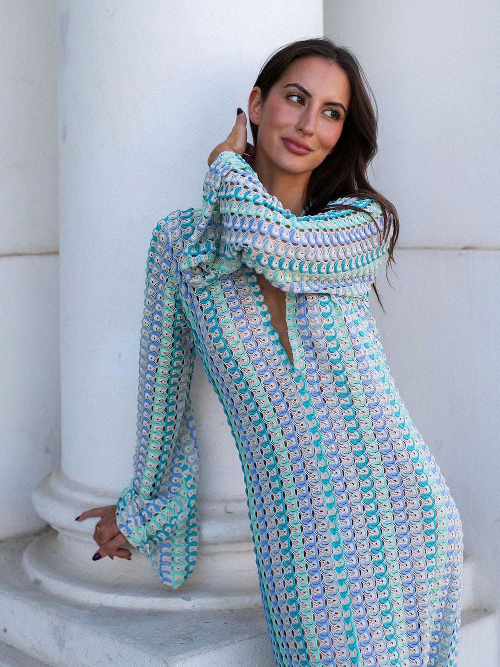 Blue Crochet Maxi Dress — women's maxi dress, view 3 by Emyri