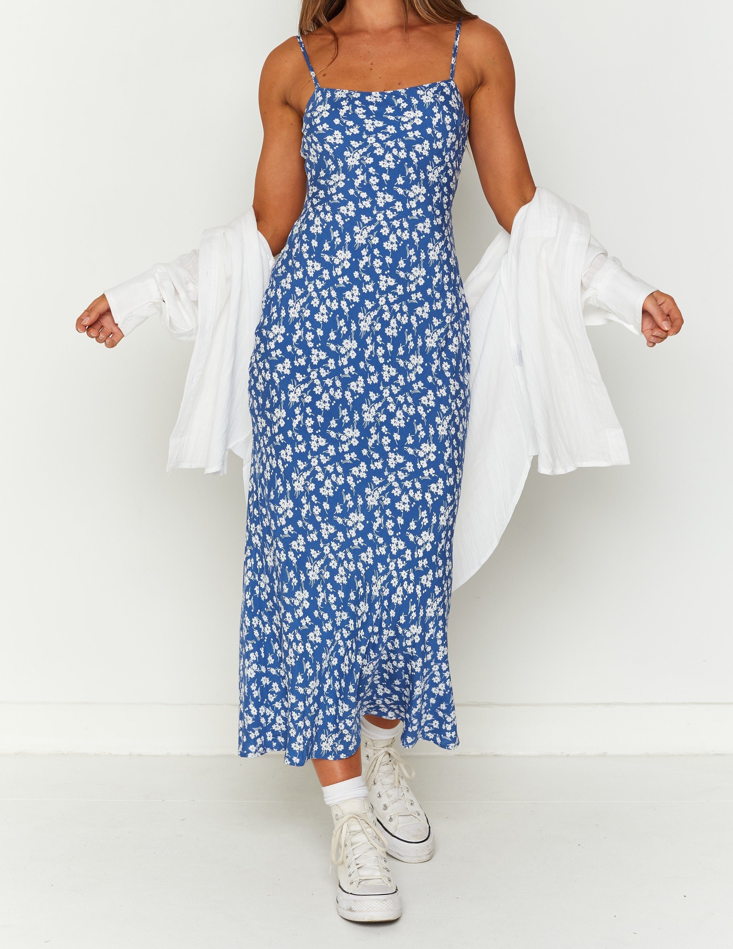 Blue Floral Midi Dress — women's midi dress, view 3 by Emyri