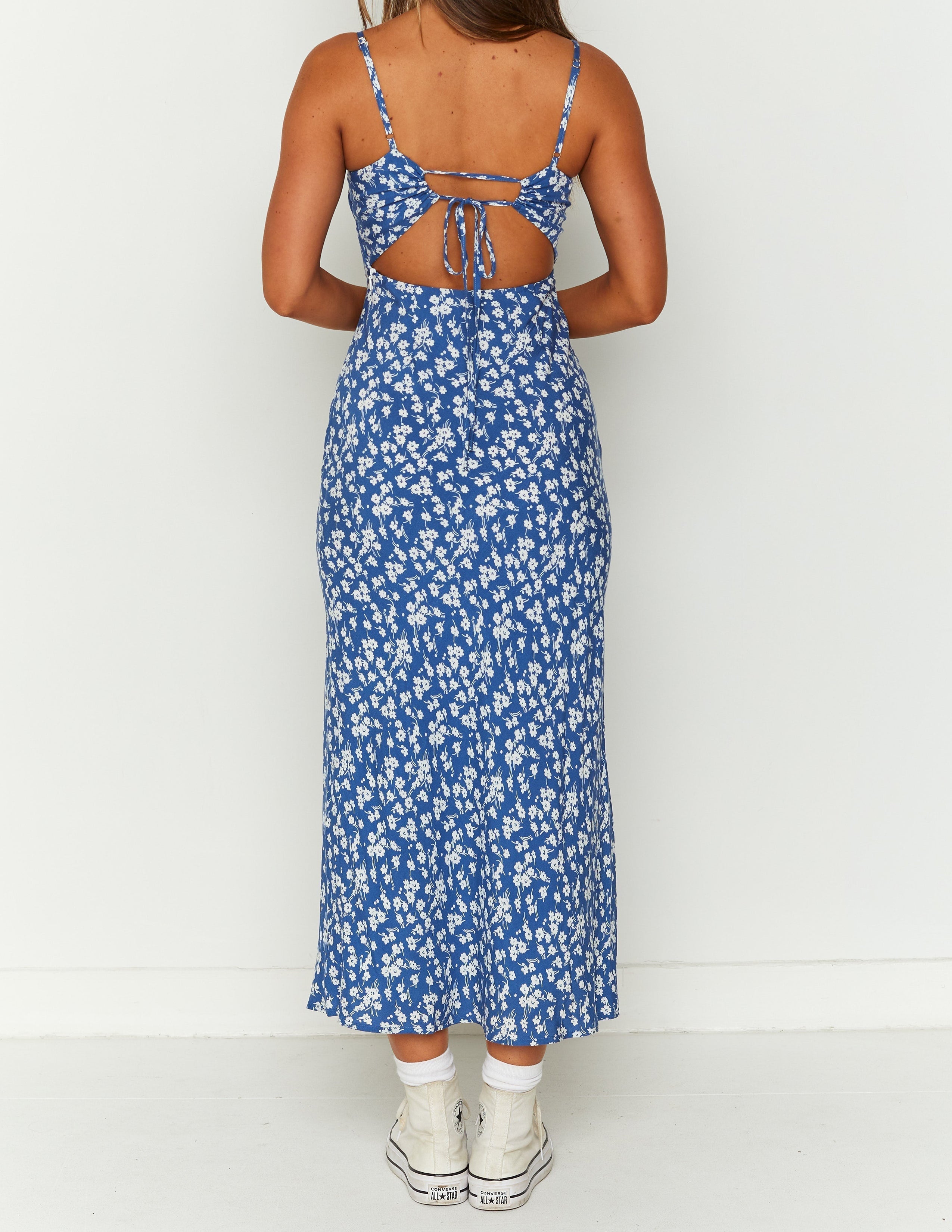Blue Floral Midi Dress — women's midi dress, view 4 by Emyri