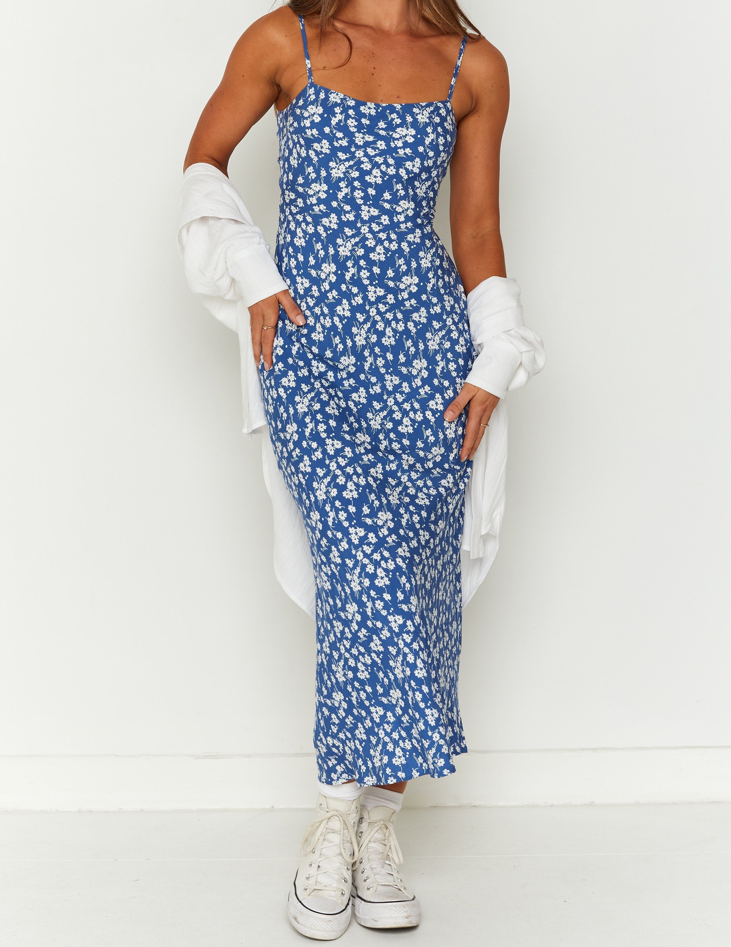 Blue Floral Midi Dress — women's midi dress, view 5 by Emyri