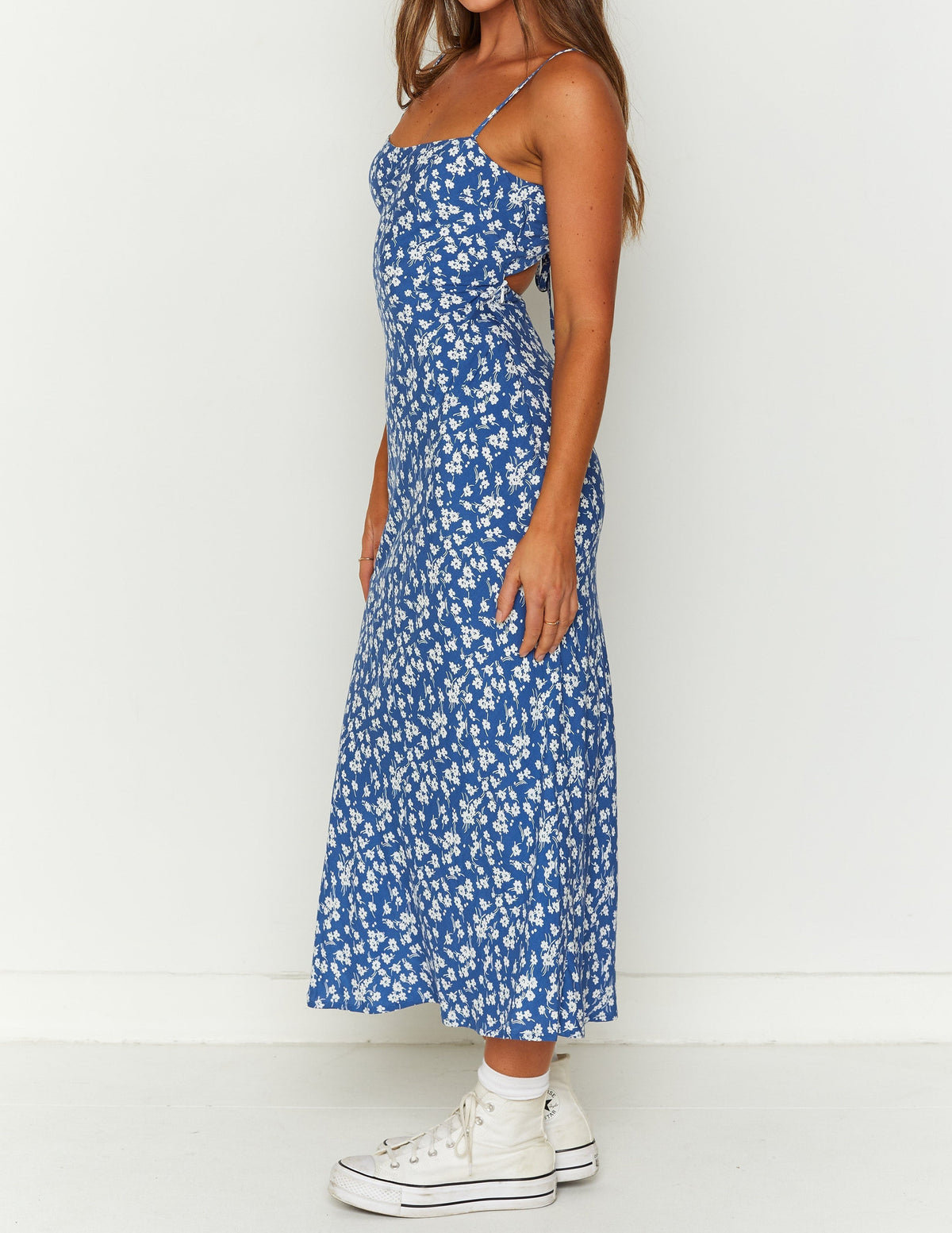 Blue Floral Midi Dress — women's midi dress, view 6 by Emyri