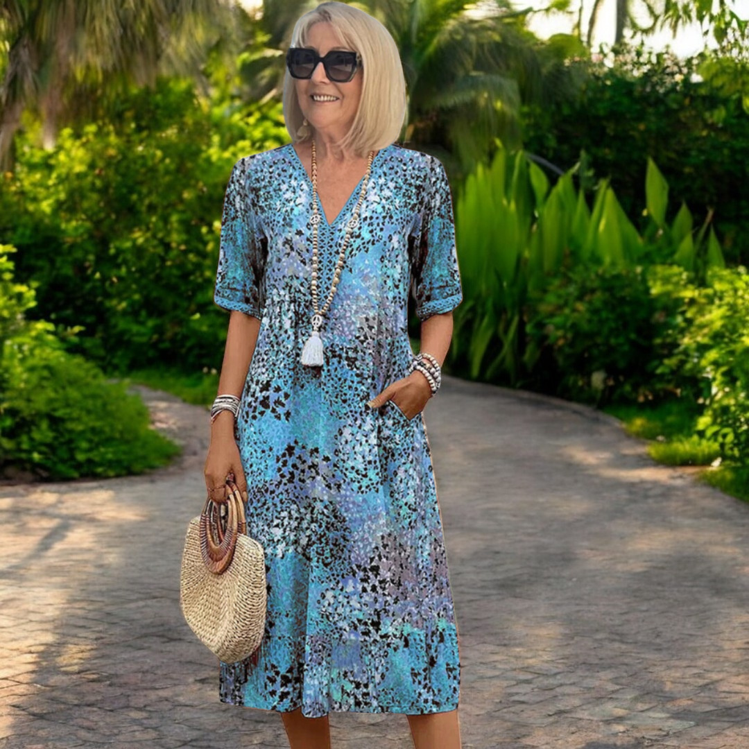 Boho Patchwork Tassel Midi Dress — women's midi dress, view 3 by Emyri
