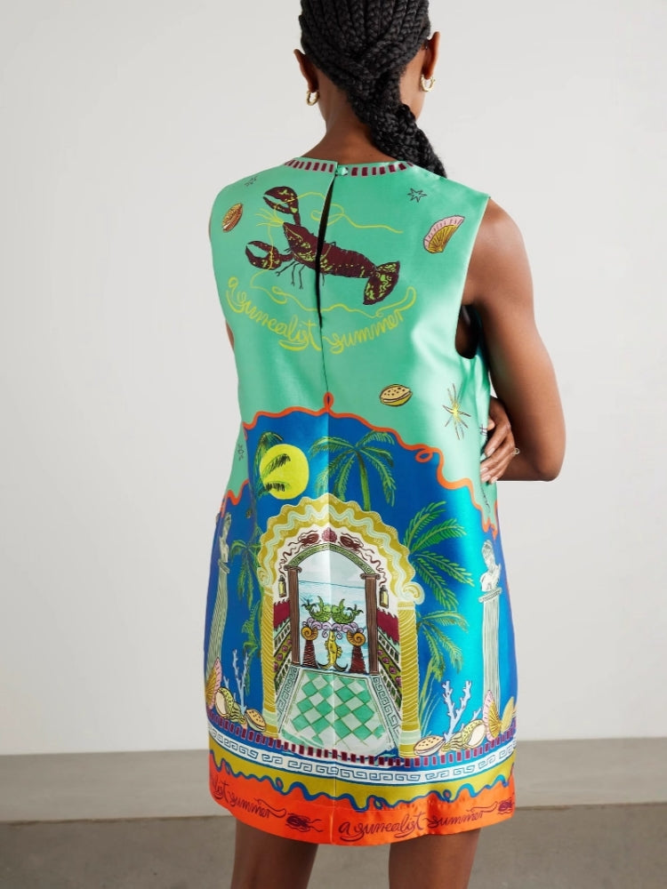 Botanical Print Satin Mini Dress — women's mini dress, view 3 by Emyri