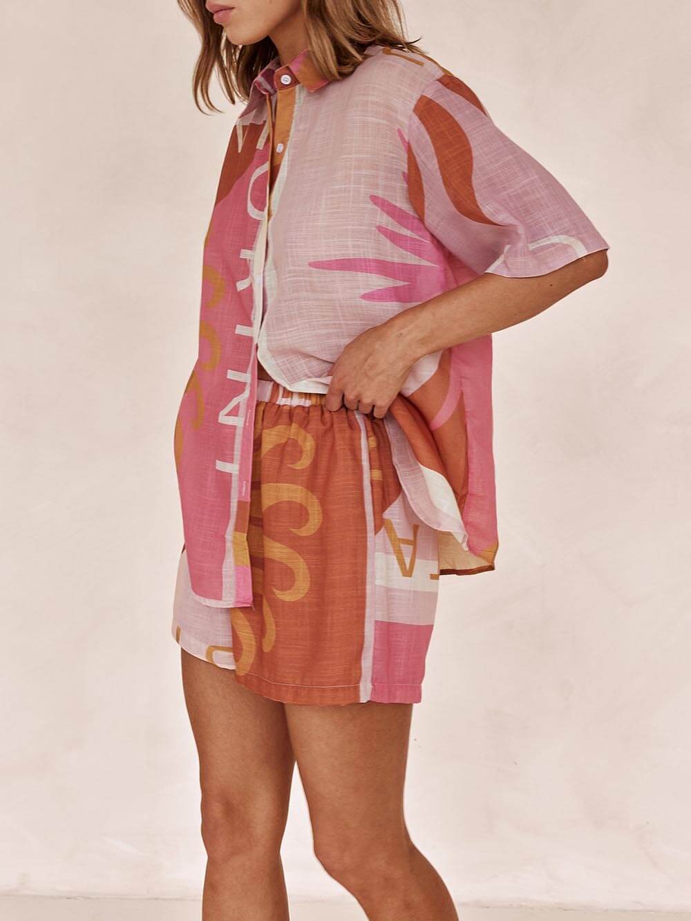 Bright Sun Loose Printed Vacation Shirt Shorts Set — women's set, view 2 by Emyri