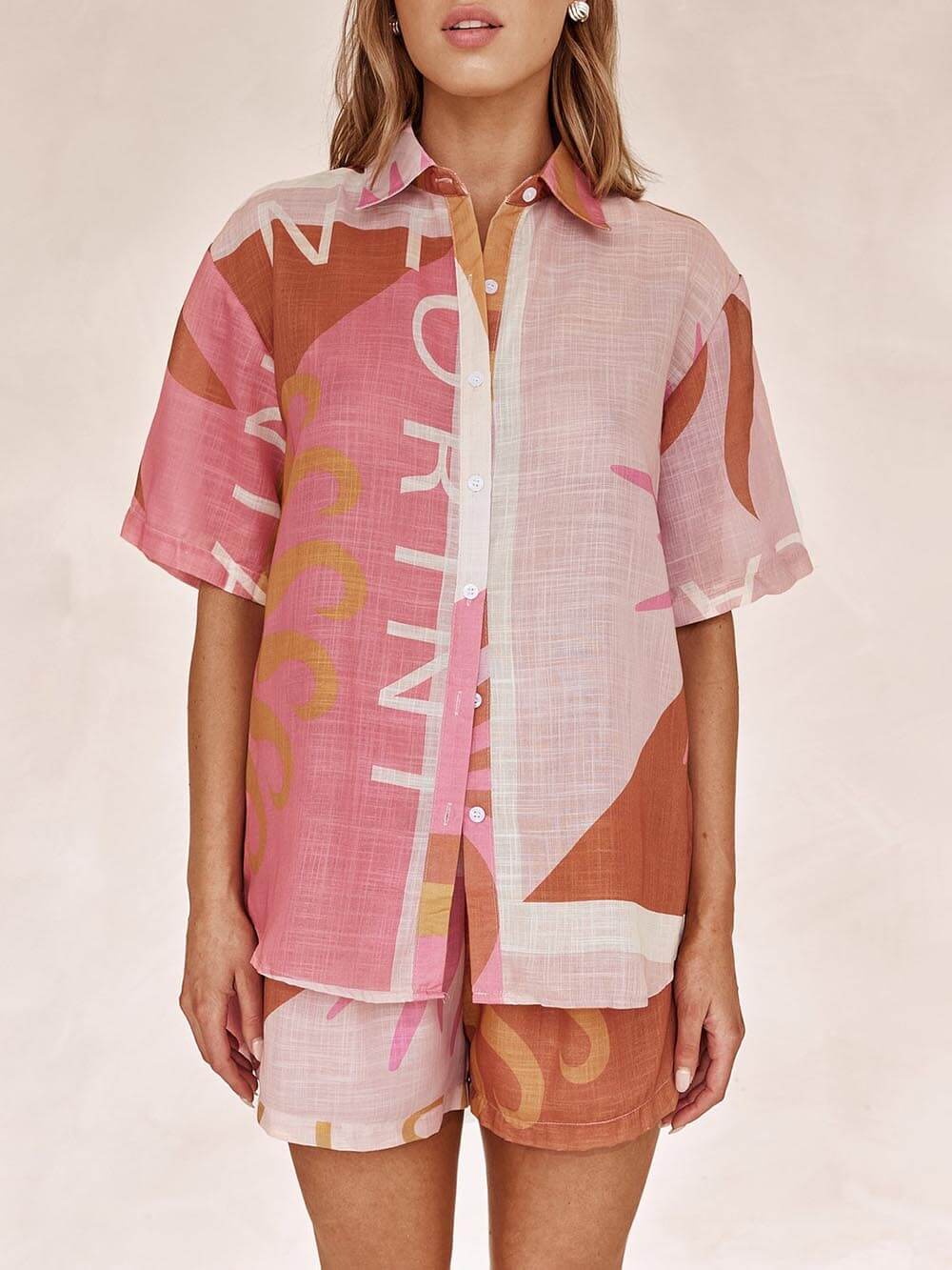 Bright Sun Loose Printed Vacation Shirt Shorts Set — women's set, view 5 by Emyri
