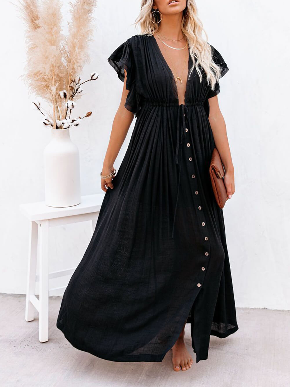 Button-Front Linen Beach Maxi Dress — women's maxi dress, view 10 by Emyri