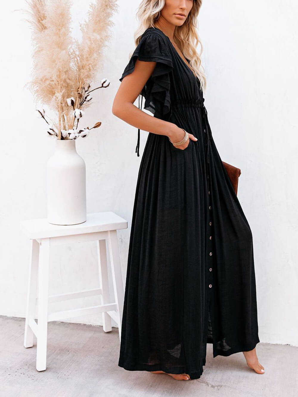 Button-Front Linen Beach Maxi Dress — women's maxi dress, view 11 by Emyri