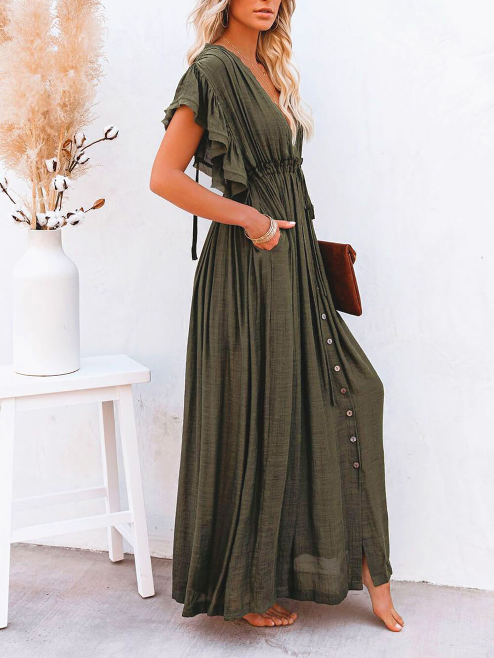 Button-Front Linen Beach Maxi Dress — women's maxi dress, view 18 by Emyri