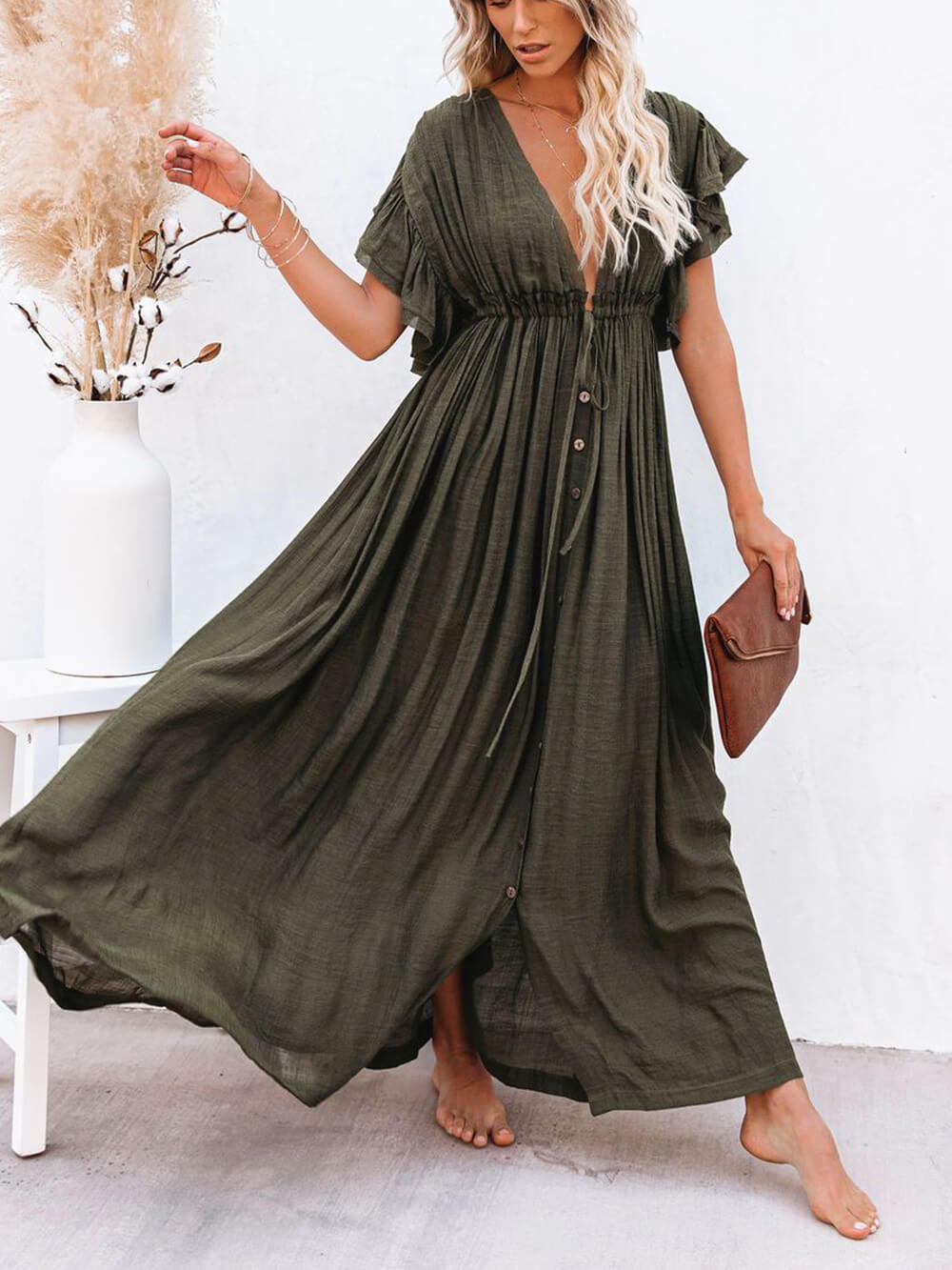 Button-Front Linen Beach Maxi Dress — women's maxi dress, view 20 by Emyri